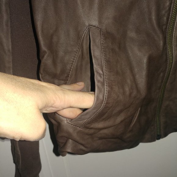 Hinge: Brown Genuine Leather Jacket With Knit Trim - Women's Size Small - Picture 12 of 15